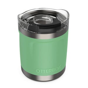 A green OtterBox tumbler with a transparent lid and stainless steel base.
