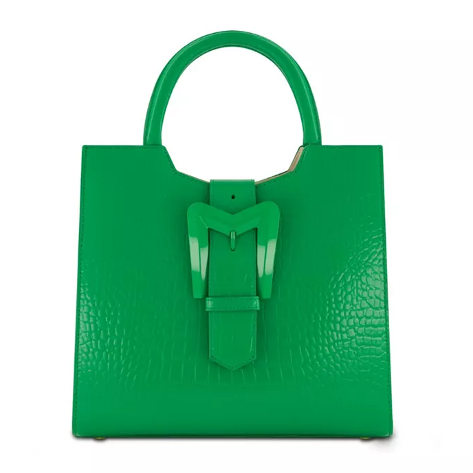 Green crocodile leather bag with a structured shape, features a distinct belt detail on the front and two rounded handles for carrying.