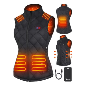Heated vest with visible heating elements, featuring adjustable side zippers and a USB-compatible battery pack.