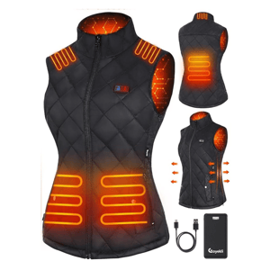 Heated vest with visible heating elements, featuring adjustable side zippers and a USB-compatible battery pack.