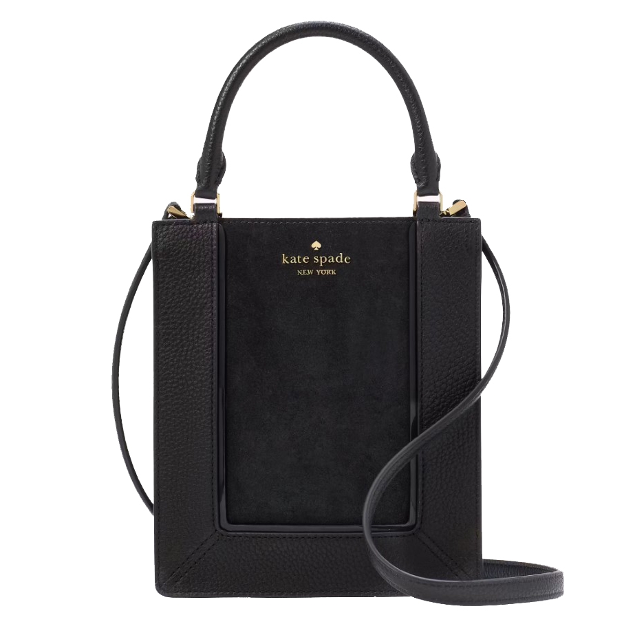 A black Kate Spade mini tote with a suede texture, featuring top handles, a gold-tone logo on the front, and a detachable shoulder strap.