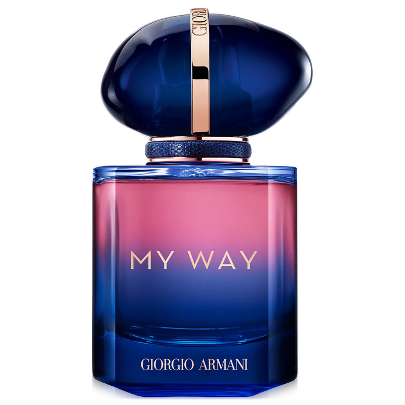 Giorgio Armani's \“My Way\“ perfume features a multicolored glass bottle with a deep blue cap and gold accents.