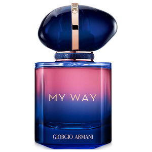 Giorgio Armani's \“My Way\“ perfume features a multicolored glass bottle with a deep blue cap and gold accents.