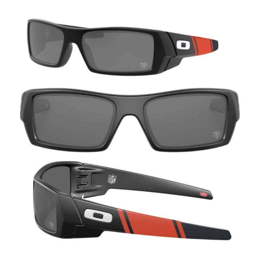 Black sunglasses featuring the Chicago Bears team colors with an orange stripe on the arms and the team's logo near the hinge. Three angles are shown: front, back, and side.