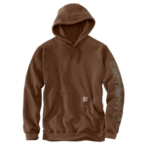 Brown Carhartt hoodie with a large front pocket, drawstrings, and \“Carhartt\“ text on the sleeve.