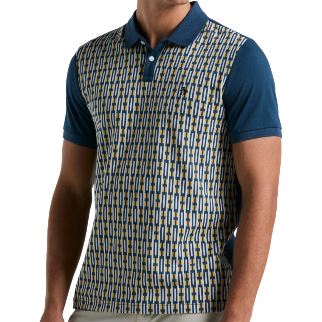 A short-sleeve polo shirt with a geometric pattern in blue, yellow, and white, featuring a solid blue collar and sleeves.