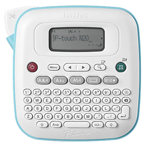 Brother P-touch label maker with a QWERTY keyboard, small display, and built-in cutter for creating custom labels.
