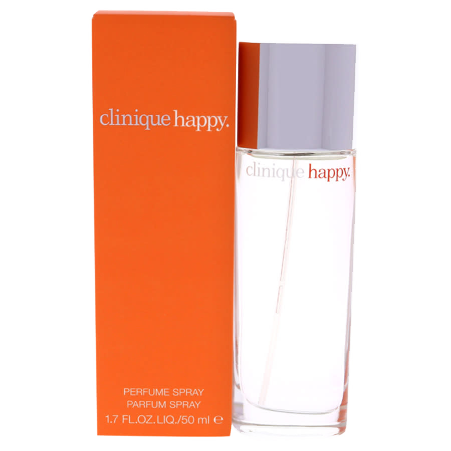 Clinique Happy Perfume Spray, 1.7 fl oz (50 ml), features a sleek glass bottle and bright orange packaging.