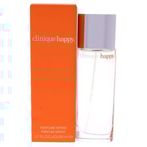 Clinique Happy Perfume Spray, 1.7 fl oz (50 ml), features a sleek glass bottle and bright orange packaging.