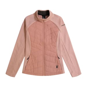 A light pink, full-zip jacket with quilted front and textured sleeves, featuring a small black spider logo on the lower front.