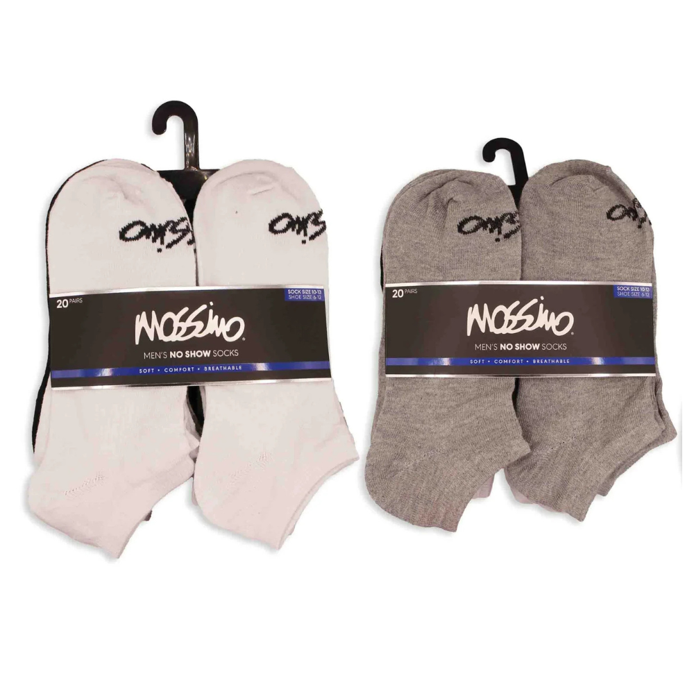 Two packs of Mossimo men's no-show socks, each containing 20 pairs. One pack is white, and the other is gray, featuring \“soft, comfort, breathable\“ qualities and fitting shoe size 6-12.
