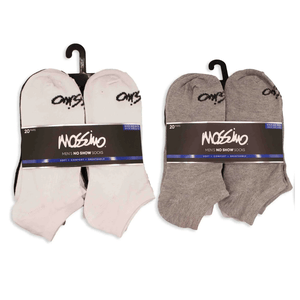 Two packs of Mossimo men's no-show socks, each containing 20 pairs. One pack is white, and the other is gray, featuring \“soft, comfort, breathable\“ qualities and fitting shoe size 6-12.