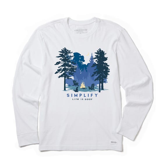 White long-sleeve t-shirt with a forest camping scene and \“SIMPLIFY Life is good\“ text graphic.