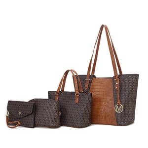 Four matching bags in varying sizes with brown and dark pattern designs, featuring tan handles and a circular emblem.