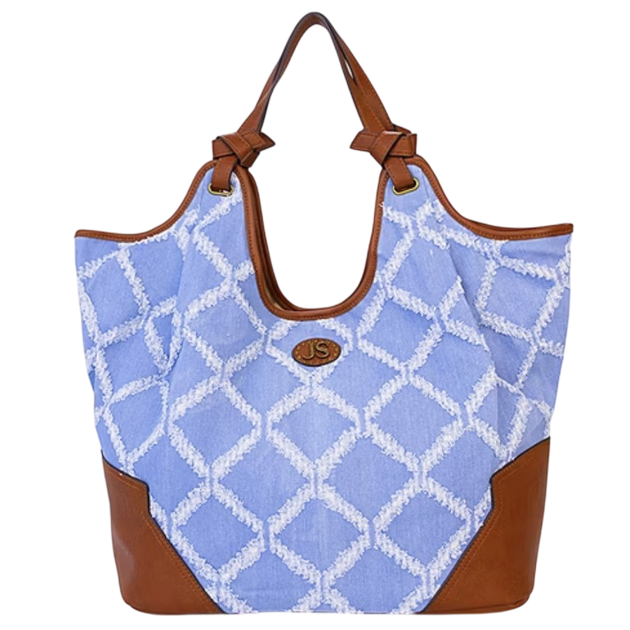 A blue and tan tote bag with a white diamond pattern, leather accents, and leather handles.