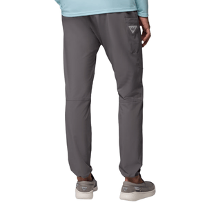Gray pants with a relaxed fit, featuring a side pocket with a small triangular logo. Paired with gray slip-on shoes and a light blue top.