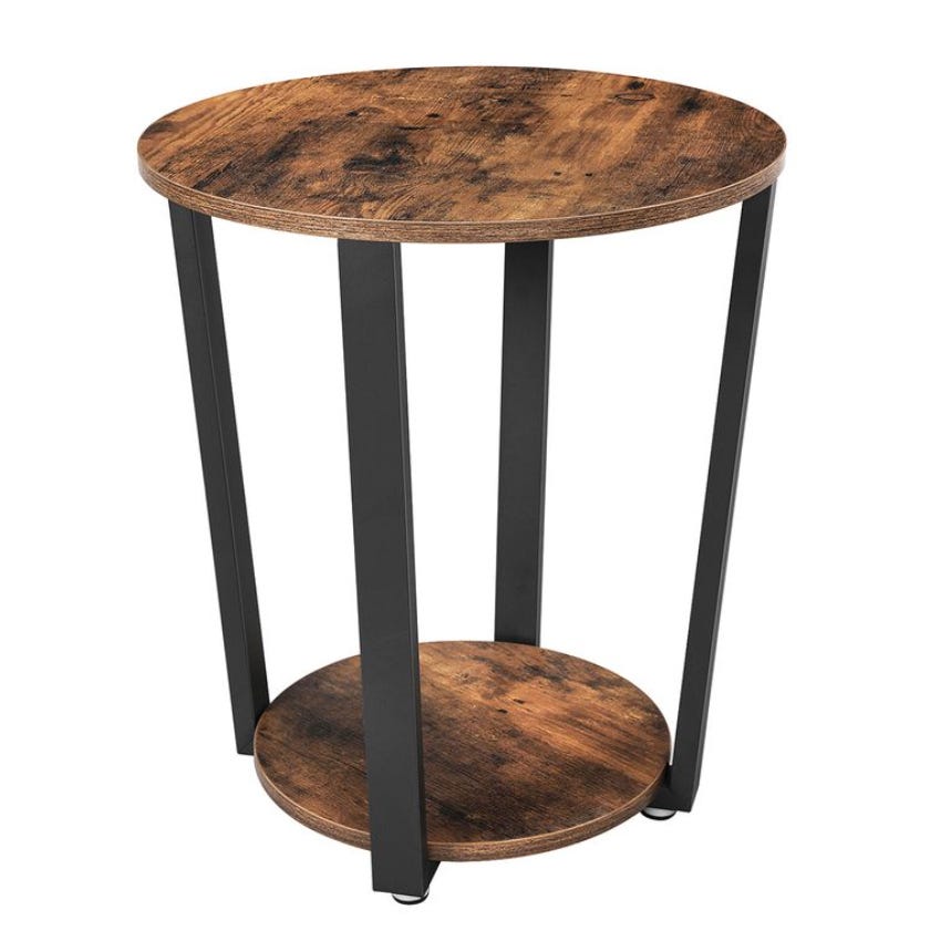 A round side table featuring a rustic brown wooden top and bottom shelf, supported by sleek black metal legs.