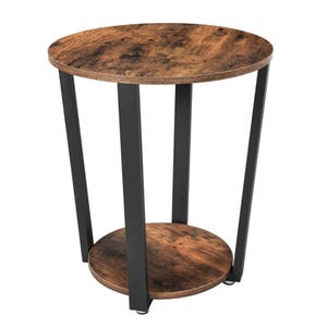 A round side table featuring a rustic brown wooden top and bottom shelf, supported by sleek black metal legs.