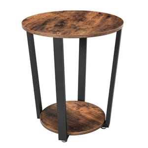A round side table featuring a rustic brown wooden top and bottom shelf, supported by sleek black metal legs.