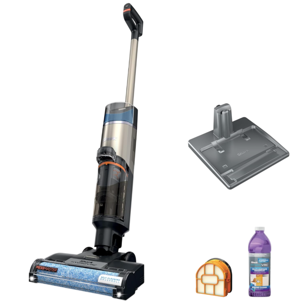 Shark HydroVac Cordless Pro XL, featuring a self-cleaning brushroll, a charging base, a filter, and a bottle of multi-surface cleaner.