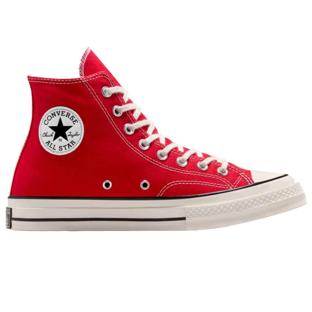 Red Converse Chuck Taylor All Star high-top sneaker with white laces, featuring the classic logo on the side and a white rubber sole with a black stripe.