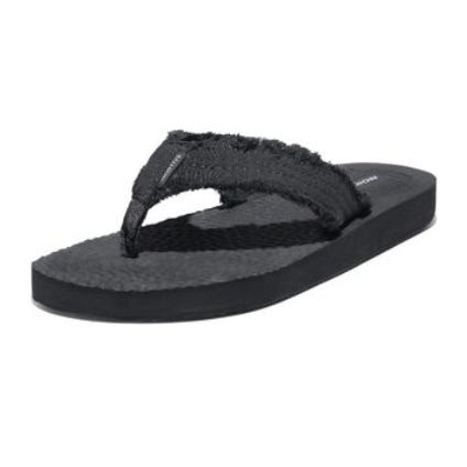 A black flip-flop with frayed straps and a textured sole, designed for casual wear.
