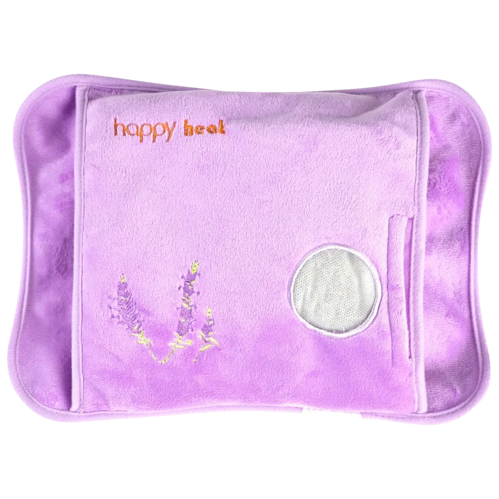 A purple plush hand warmer with \“happy heat\“ embroidered in orange, featuring lavender designs and a transparent circular area on one side.
