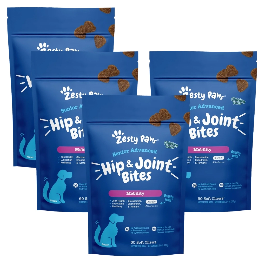 Zesty Paws Senior Advanced Hip & Joint Bites are chicken-flavored dog chews designed to support joint health, lubrication, and resilience with glucosamine, chondroitin, and turmeric. The pack includes 240 soft chews.