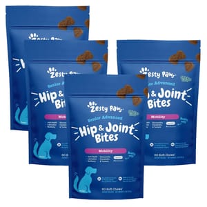 Zesty Paws Senior Advanced Hip & Joint Bites are chicken-flavored dog chews designed to support joint health, lubrication, and resilience with glucosamine, chondroitin, and turmeric. The pack includes 240 soft chews.