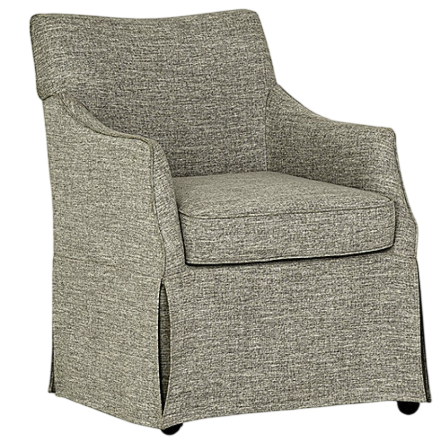 A gray upholstered armchair with a smooth, textured fabric, featuring a high back, cushioned seat, and armrests. The chair has a skirted base with a subtle split detail.