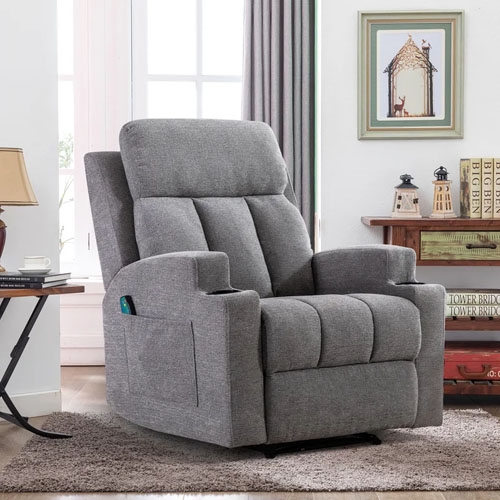 This is a gray upholstered massage recliner with a high backrest, padded armrests, and a side-mounted control panel.