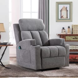 This is a gray upholstered massage recliner with a high backrest, padded armrests, and a side-mounted control panel.