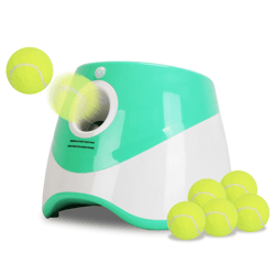 Automatic tennis ball launcher with several tennis balls, designed for playing fetch with pets.