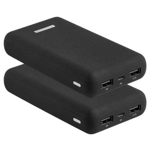 Two black portable power banks, each featuring dual USB ports labeled 1A and 2.1A and a Micro USB input for charging.