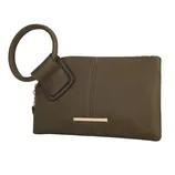 Olive green wristlet with a textured finish, featuring a circular handle and a metal logo tag labeled \“Mia K Collection.\“