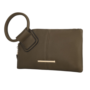 Olive green wristlet with a textured finish, featuring a circular handle and a metal logo tag labeled \“Mia K Collection.\“