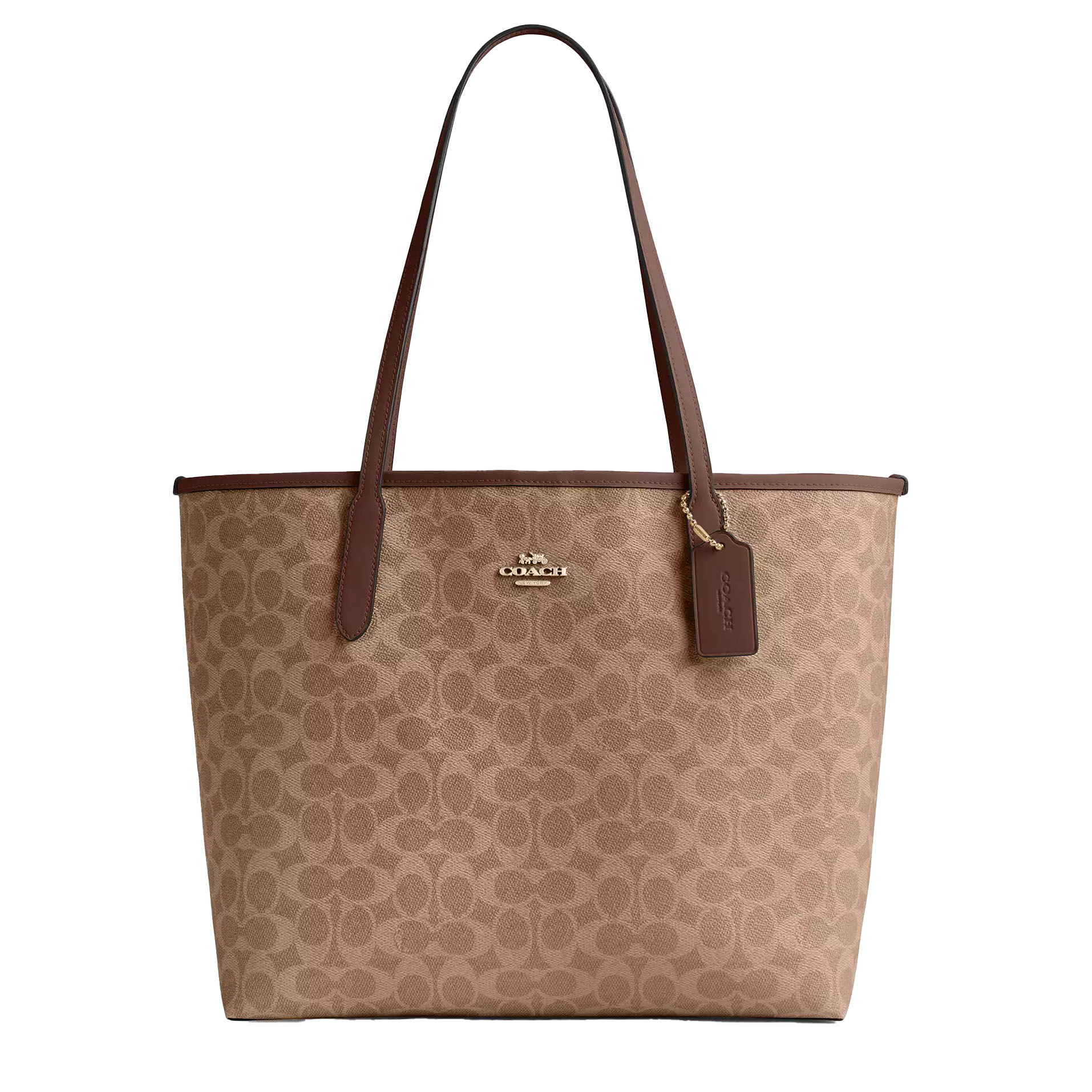 A Coach tote bag with signature brown C pattern, leather straps, and a Coach tag.