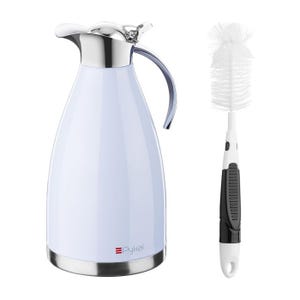 68oz insulated pitcher with a sleek design, metal lid, and handle, paired with a cleaning brush featuring a sturdy grip, ideal for retaining beverage temperature.