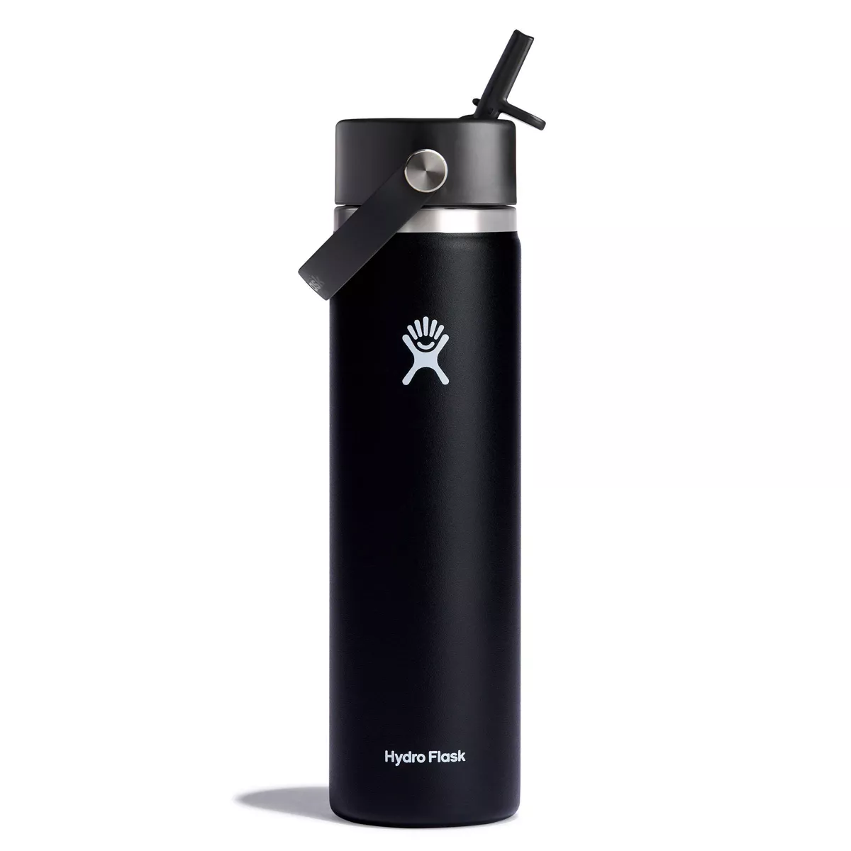 A black Hydro Flask water bottle features a straw lid and carrying handle, displaying the brand's logo on the front.
