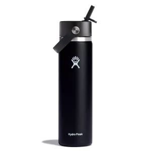 A black Hydro Flask water bottle features a straw lid and carrying handle, displaying the brand's logo on the front.