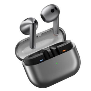 Wireless earbuds with a charging case, designed in metallic gray with visible left and right indicators.