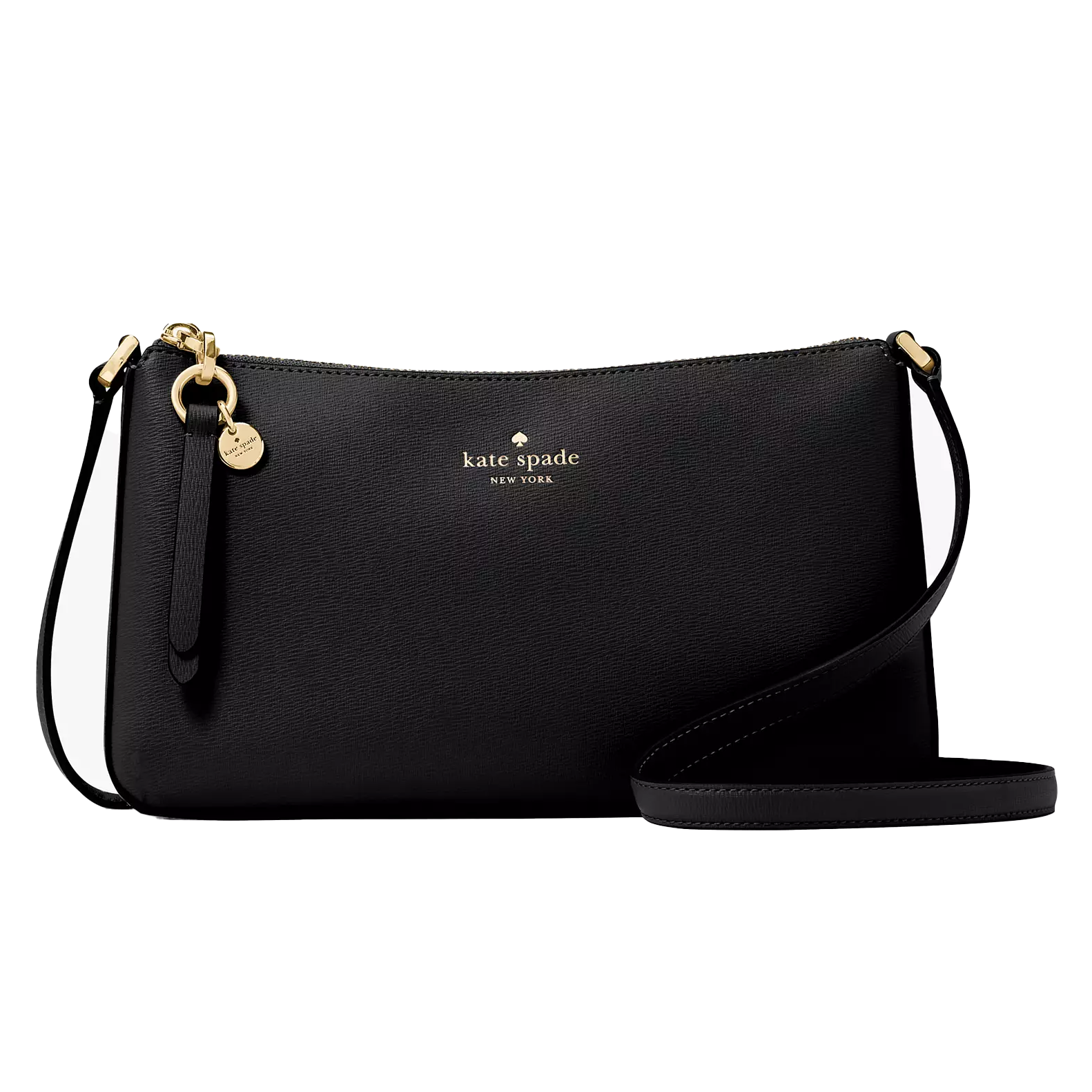 Kate Spade Ginnie Crossbody is a sleek black bag with a minimalist design, featuring gold-tone hardware, a zip closure, and a long adjustable strap. A small gold logo and charm details accentuate its elegant appearance.