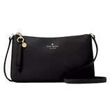 Kate Spade Ginnie Crossbody is a sleek black bag with a minimalist design, featuring gold-tone hardware, a zip closure, and a long adjustable strap. A small gold logo and charm details accentuate its elegant appearance.