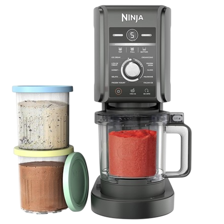 A Ninja ice cream maker with one filled and two additional storage containers, each with different frozen dessert contents.