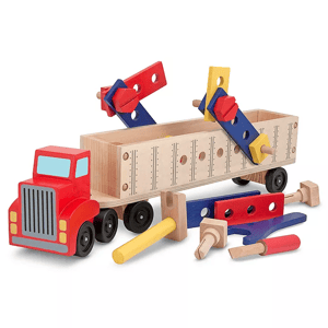 Wooden toy truck with a detachable flatbed carrying colorful bolts and tools, allowing for interactive play and assembly.