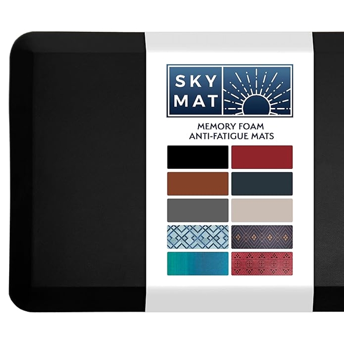 SkyMat Memory Foam Anti-Fatigue Mats, 20\“ x 32\“, in various colors and patterns, designed to reduce fatigue from standing.