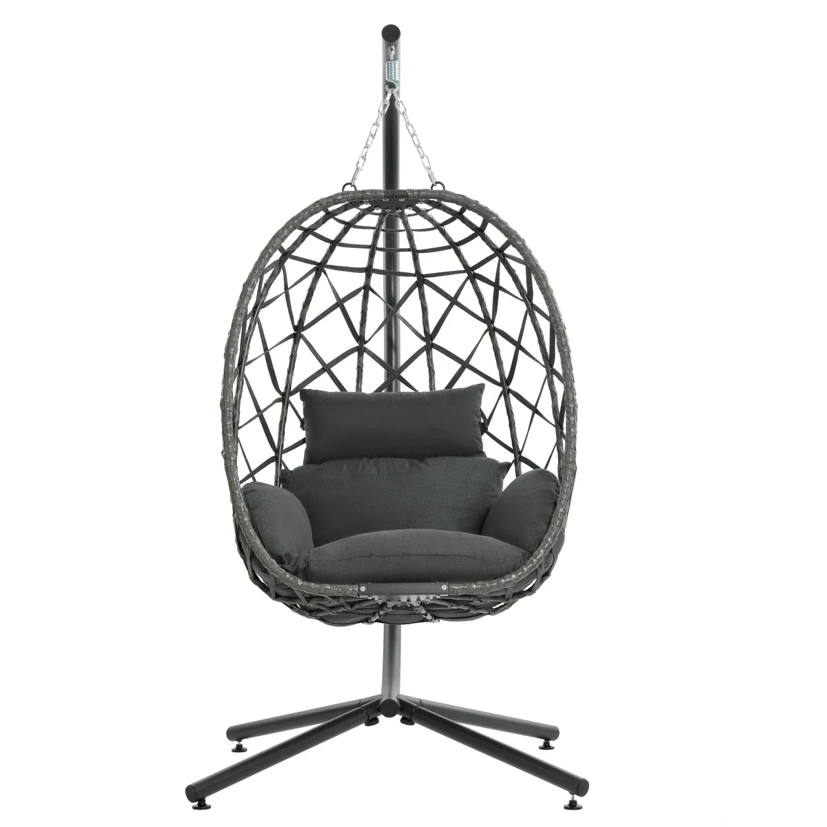Hanging egg chair with a black metal stand and woven rattan design, featuring plush black cushions for added comfort.