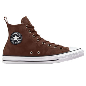 Brown high-top Converse All Star sneakers with a waterproof camo pattern, metal eyelets, and a white rubber toe cap. They feature a classic black and white logo patch on the side and a white sole with a black stripe.