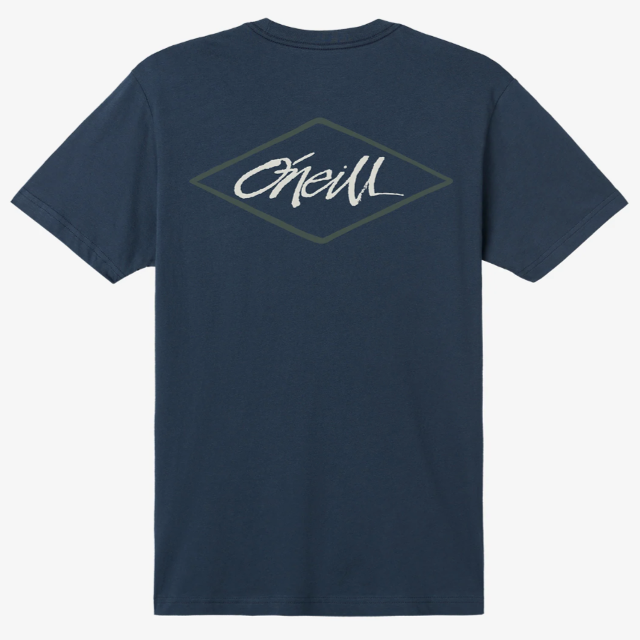 A navy blue T-shirt featuring a diamond-shaped design with the word \“O'Neill\“ in a white script on the back.