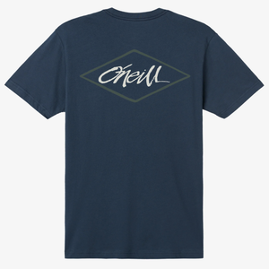 A navy blue T-shirt featuring a diamond-shaped design with the word \“O'Neill\“ in a white script on the back.